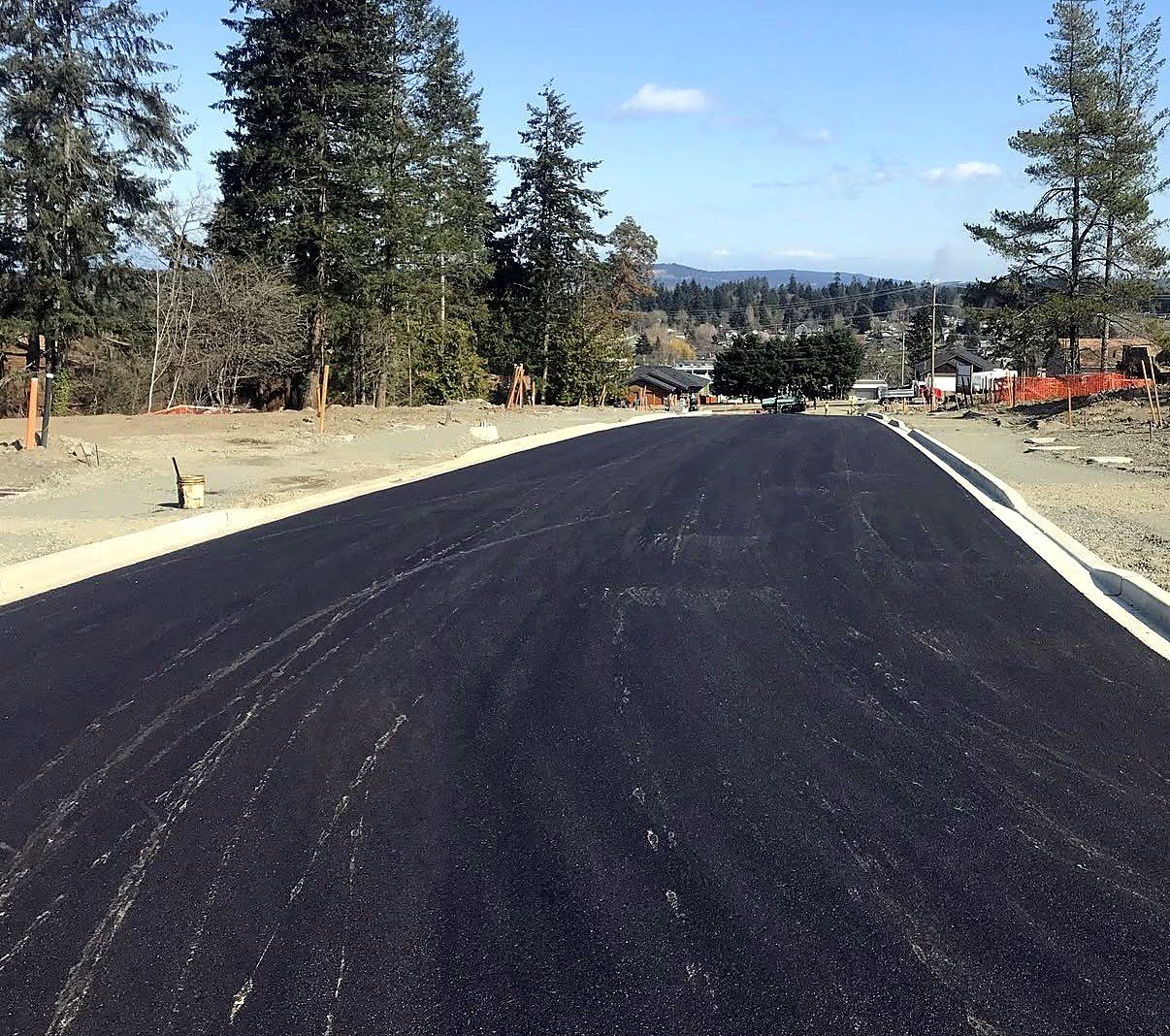 Freshly paved subdivision road with new curbs
